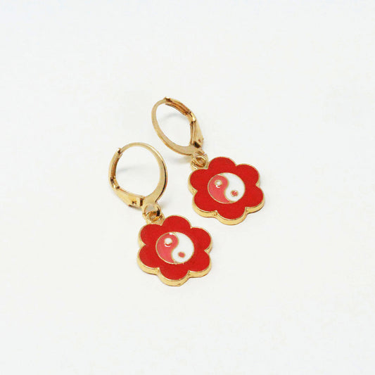 Red Flower Yin Yang Earrings