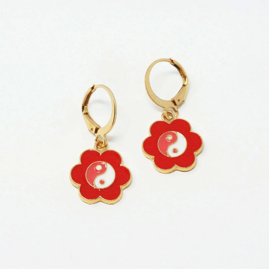 Red Flower Yin Yang Earrings