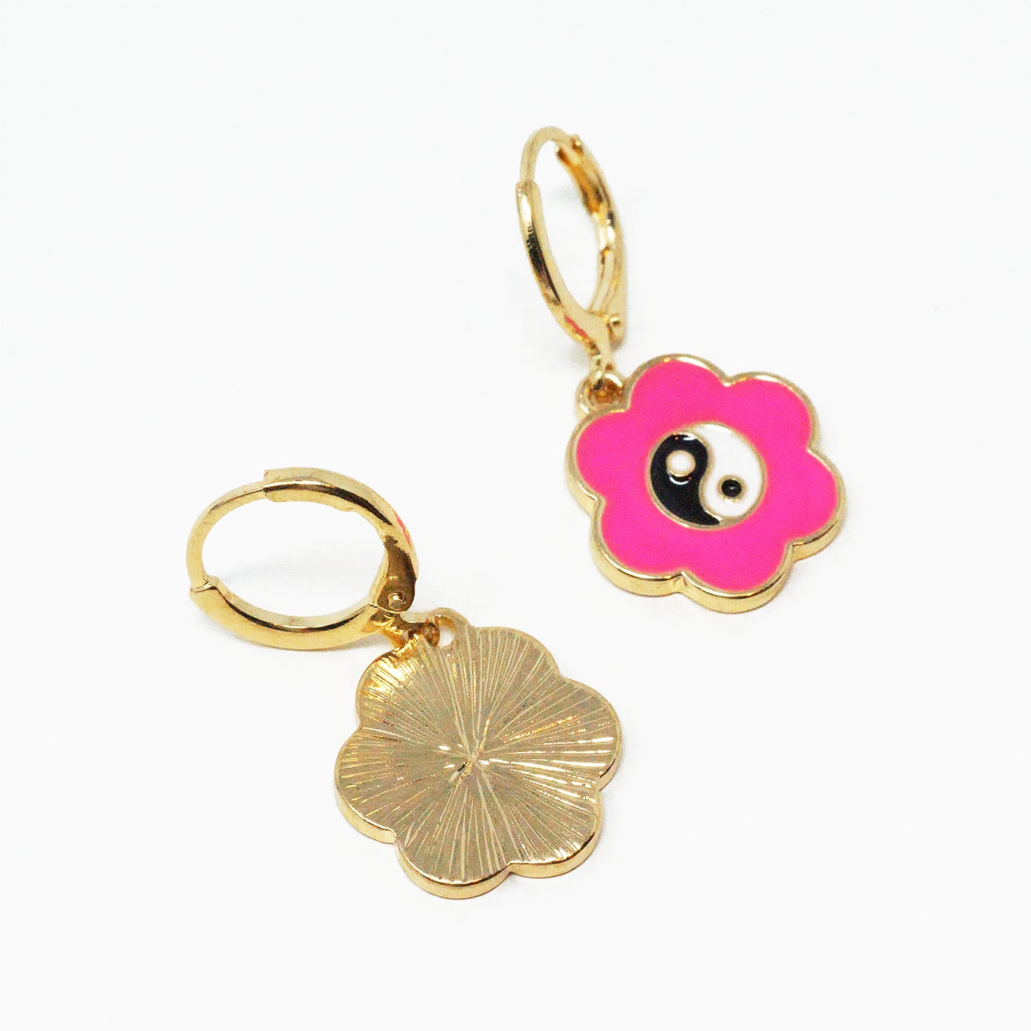 Hot Pink Flower Yin Yang Earrings