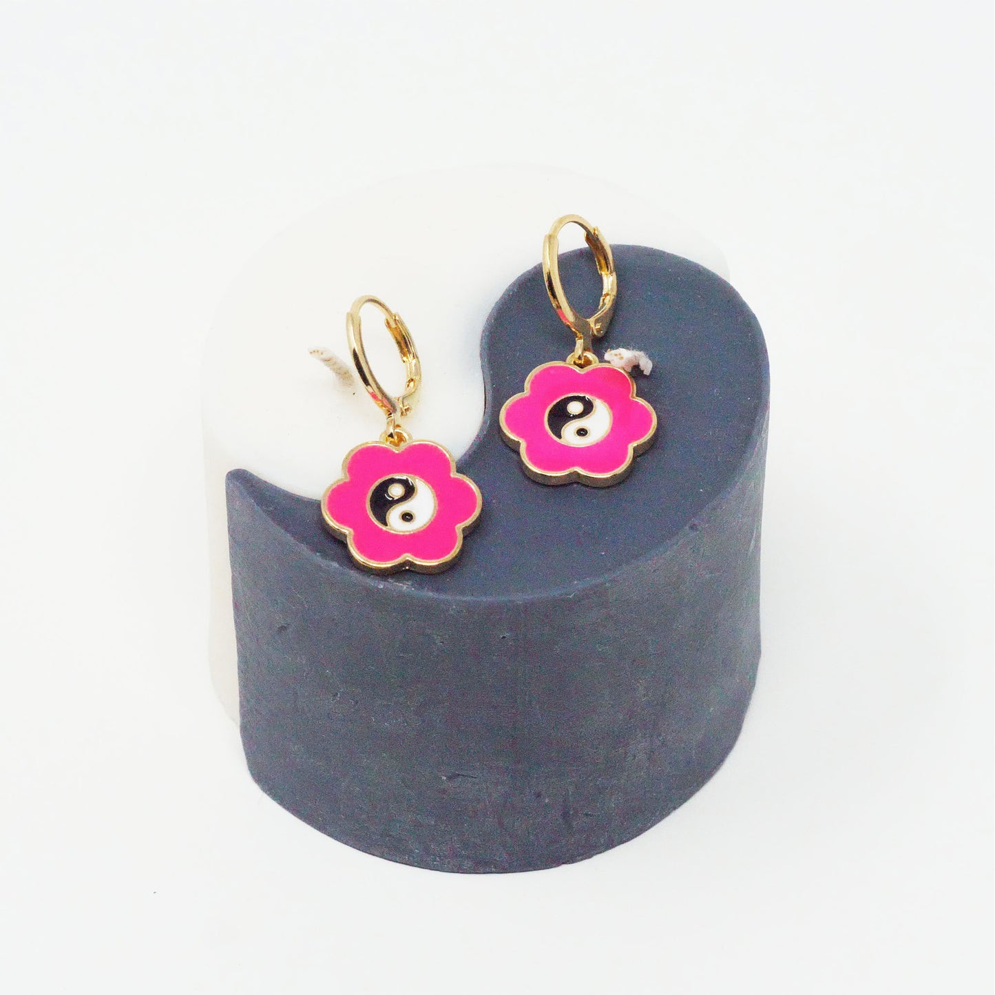 Hot Pink Flower Yin Yang Earrings