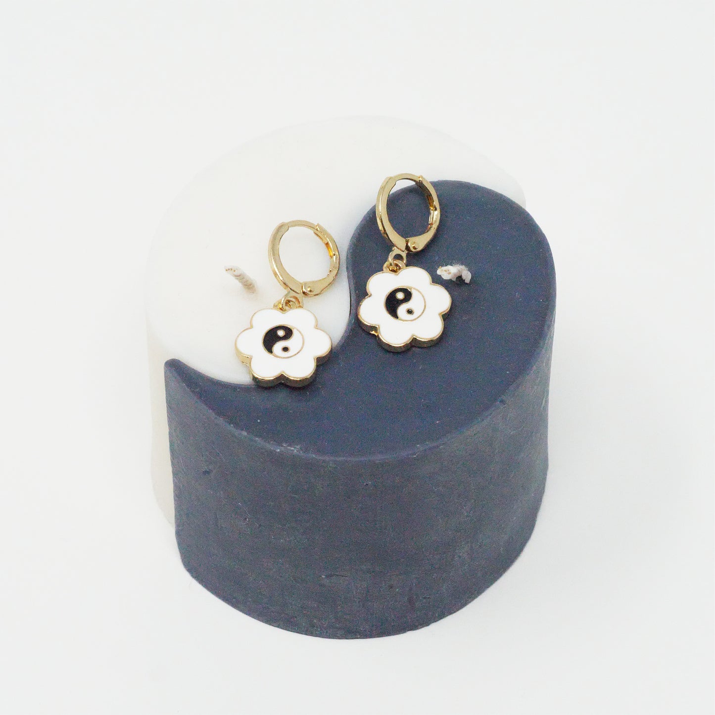 White Flower Ying Yang Earrings