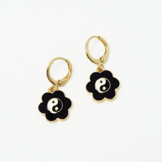 Black Flower Ying Yang Earrings