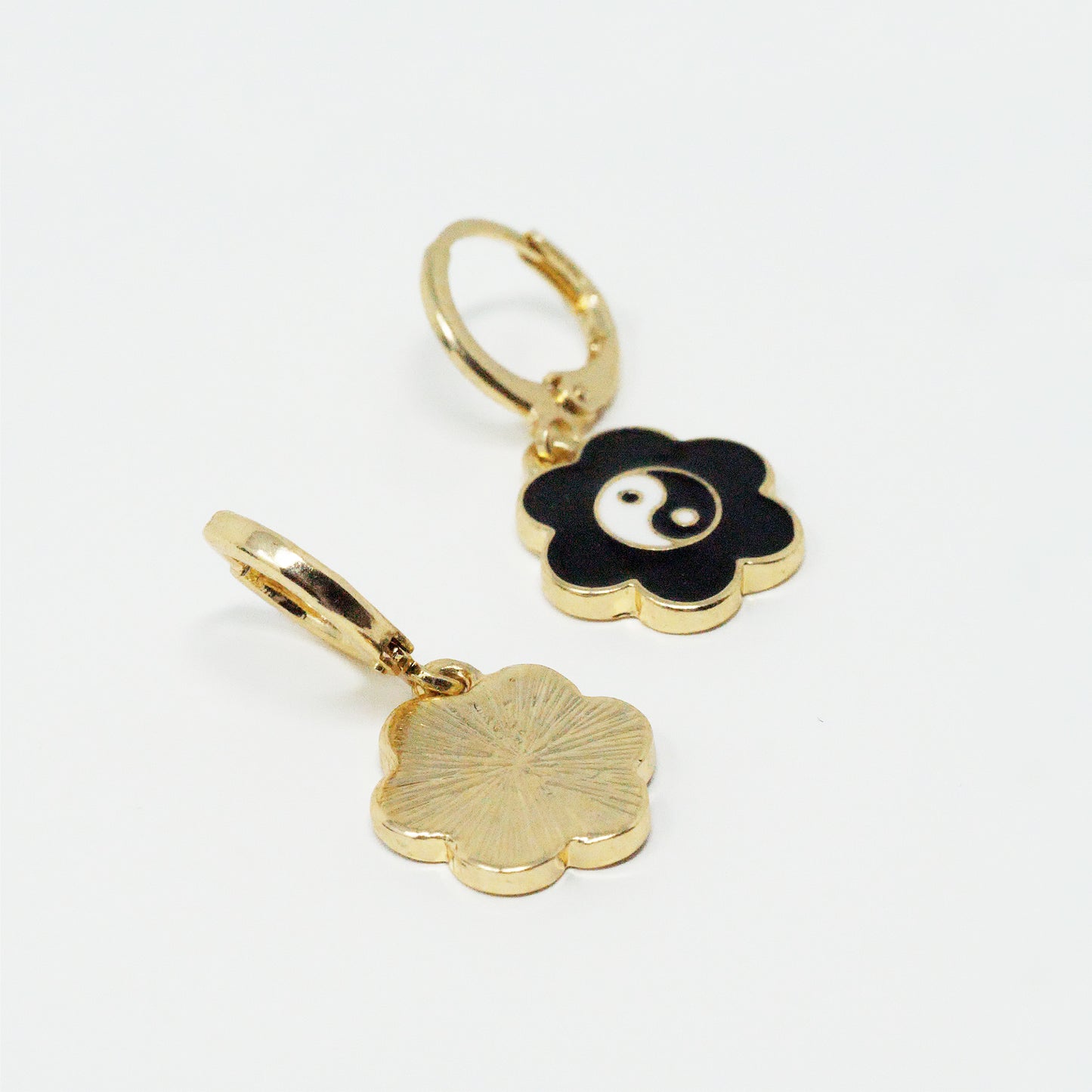 Black Flower Ying Yang Earrings