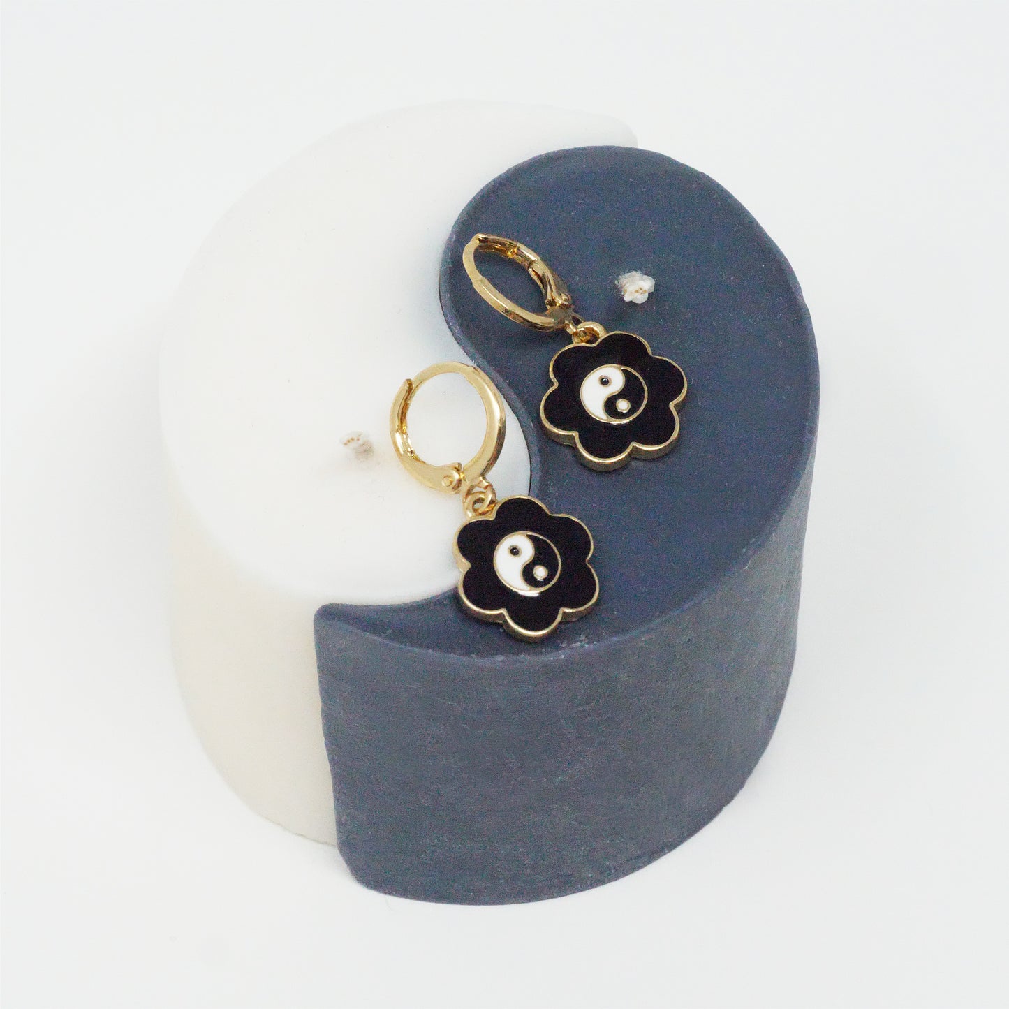 Black Flower Ying Yang Earrings