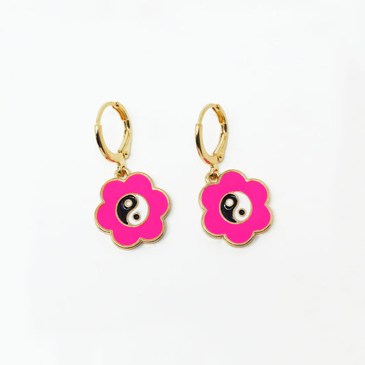 Hot Pink Flower Yin Yang Earrings