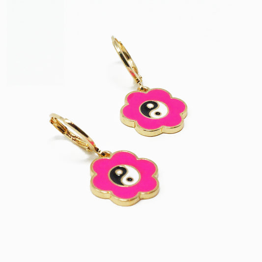 Hot Pink Flower Yin Yang Earrings