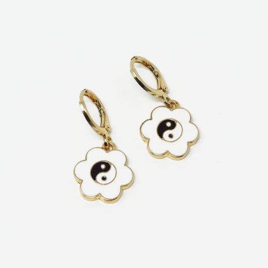 White Flower Ying Yang Earrings
