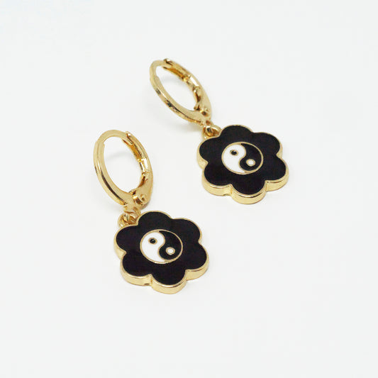 Black Flower Ying Yang Earrings