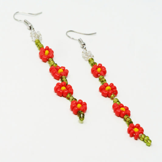 Red Daisy Dangly Earrings