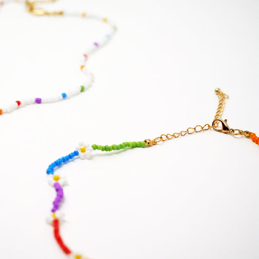 2 Piece White Rainbow Daisy Choker Set