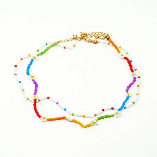 2 Piece White Rainbow Daisy Choker Set