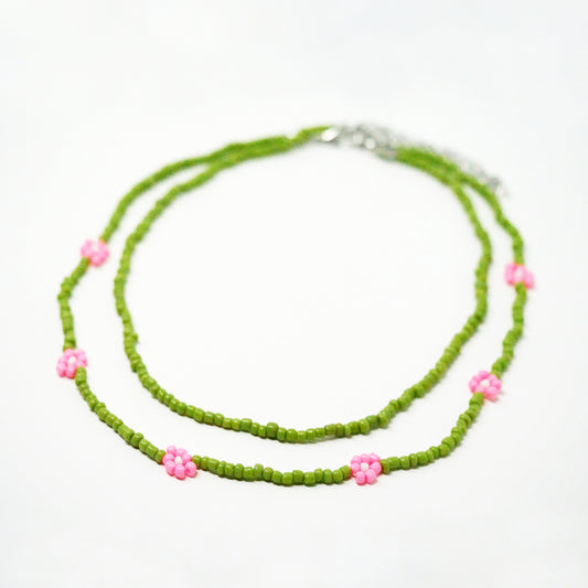 2 Piece Green Pink Daisy Choker Set